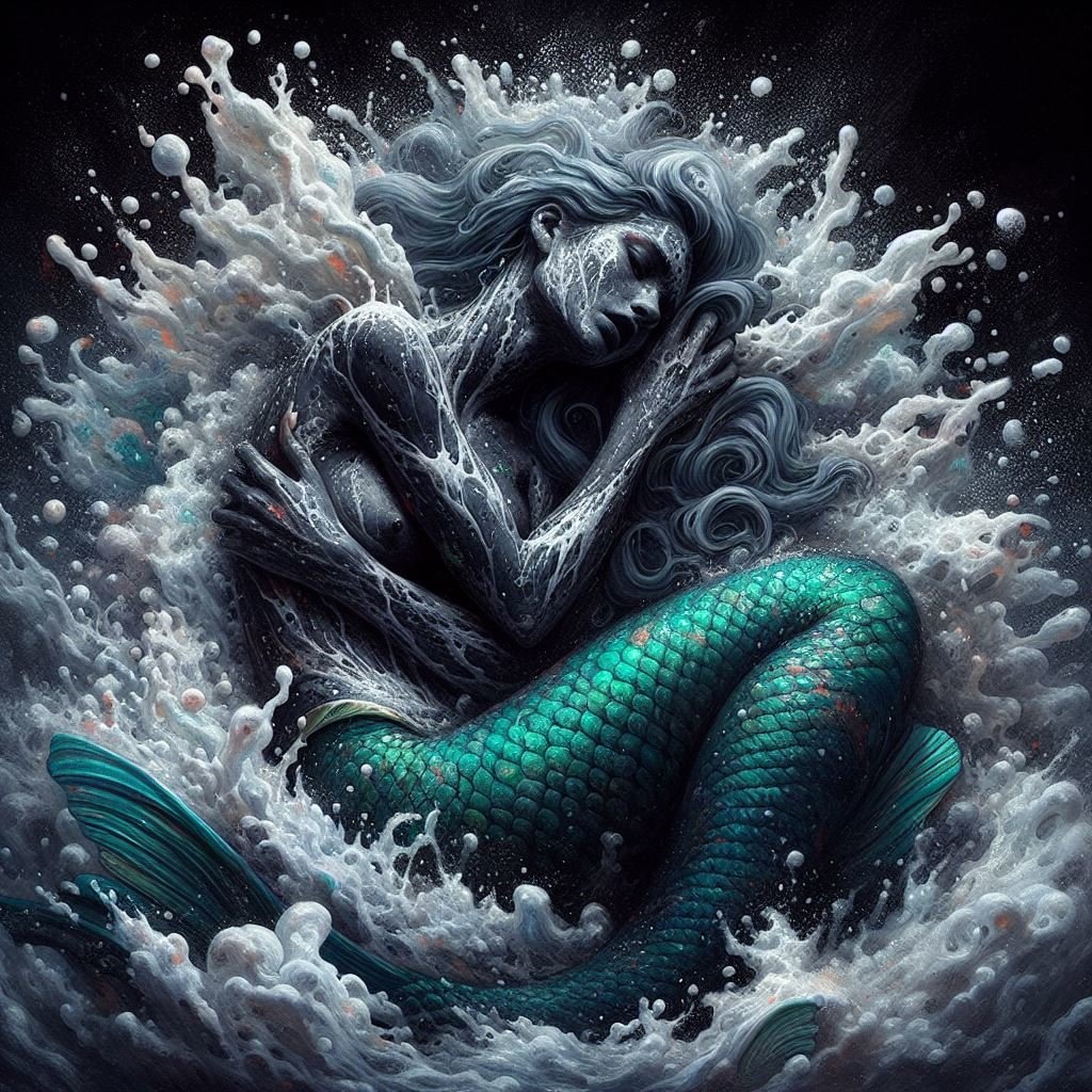 Versão humanizada de uma sereia cinza com cauda verde, se desfazendo na espuma do mar