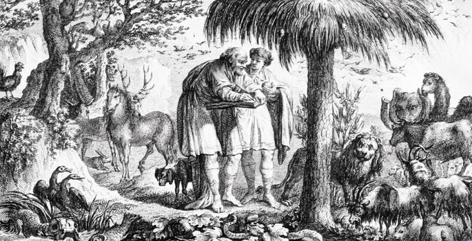 Ilustración de Arsitóteles observando a los animales
