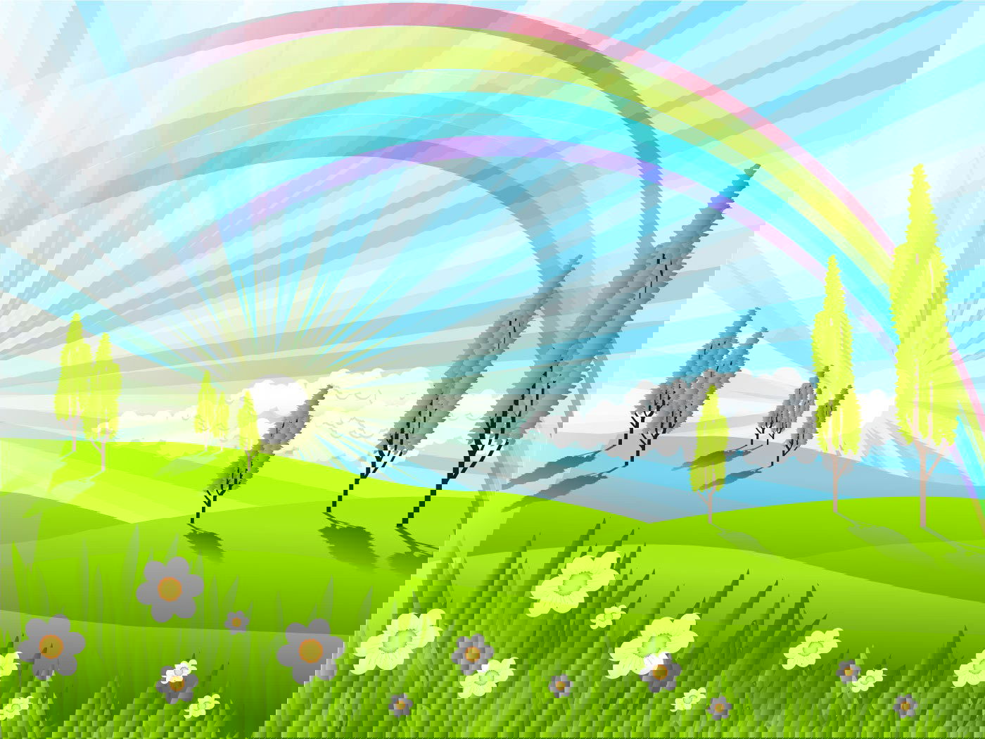 Campo con árboles y arcoiris