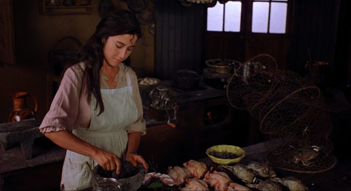 Fotograma de la película Como agua para chocolate en el que aparece Tita cocinando