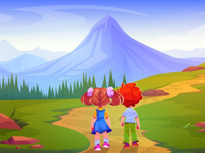 Dos niños caminan por un sendero