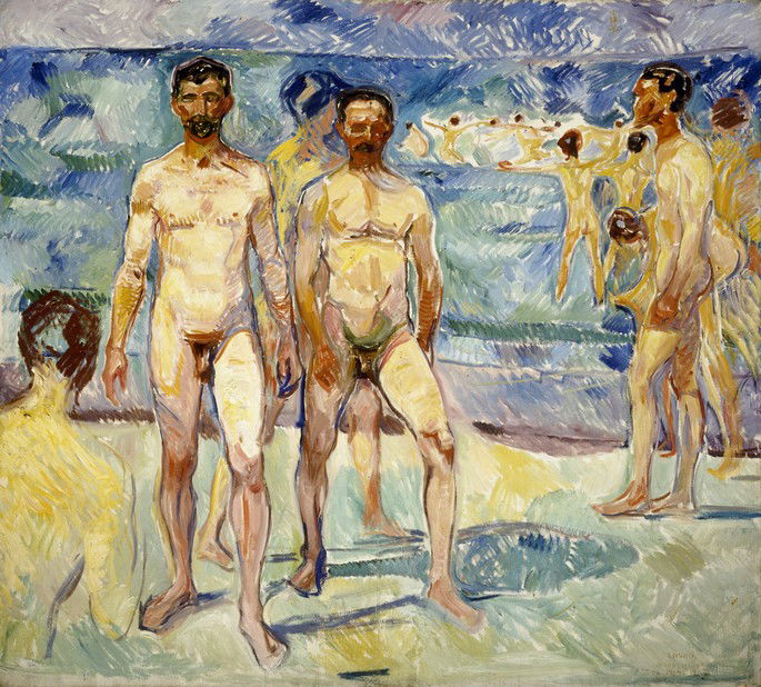 Edvard Munch: Hombres bañistas, 1907, óleo sobre lienzo, 206 × 227 cm, Galería Nacional de Finlandia.