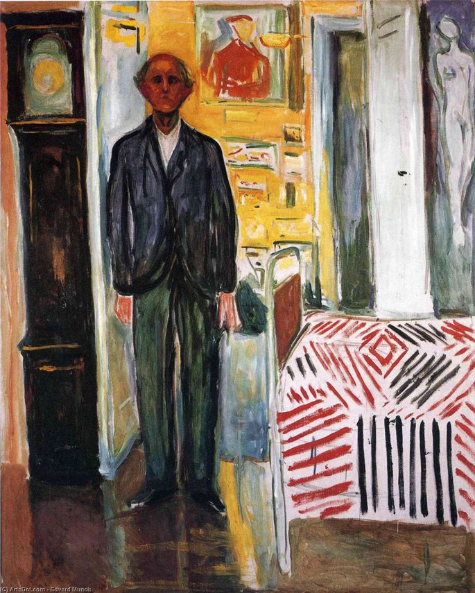 Edvard Munch: Autorretrato entre el reloj y la cama, 1940-1943, óleo sobre lienzo, Museo Munch, Oslo.