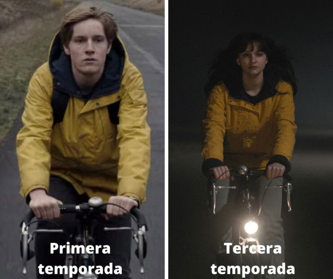 Fotograma comparativo en el que aparece Jonas en bicicleta y Martha igual en temporadas distintas