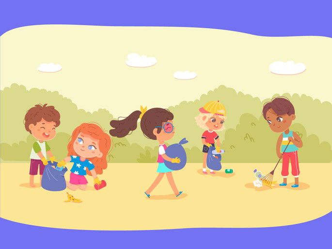 Niños limpian jardín