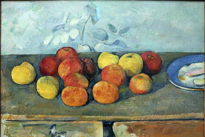Paul Cézanne, frutta, mele e biscotti, 1879-80