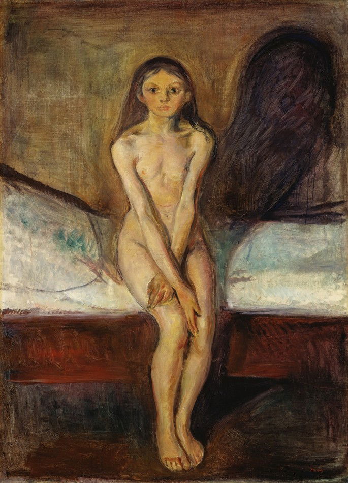 Edvard Munch: Pubertad, 1894-1895, óleo sobre lienzo, 151.5 x 110 cm, Galería Nacional de Noruega y Museo Nacional de Arte, Arquitectura y Diseño (Noruega)