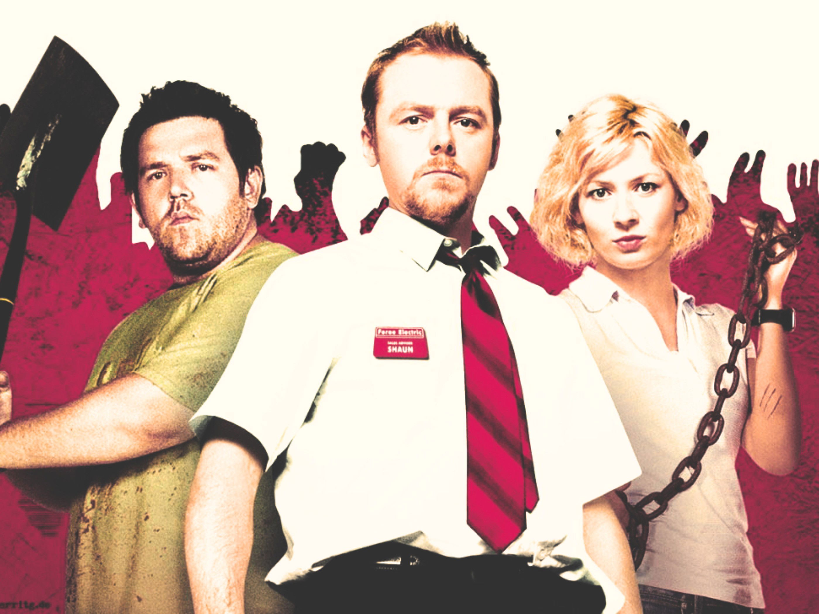 Portada de la película Shaun of the Dead, dos hombres y una mujer, con pala y cadenas y fondo rojo sangre y blanco