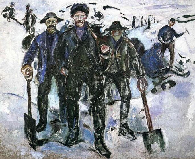 Edvard Munch: Trabajadores en la nieve, 1913, óleo sobre lienzo, 163 x 200 cm, Museo Munch, Oslo.