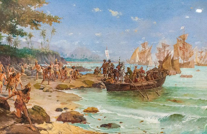 Desembarque de Cabral em Porto Seguro (óleo sobre tela), autor: Oscar Pereira da Silva, 1904. Acervo do Museu Histórico Nacional, Rio de Janeiro.