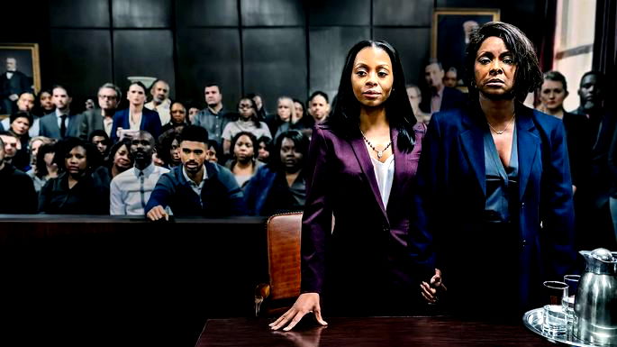 Duas mulheres num tribunal, com a audiência ao fundo.