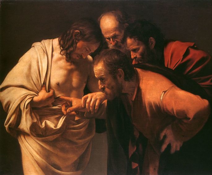 Quadro A incredulidade de São Tomé, obra do artista barroco Caravaggio.