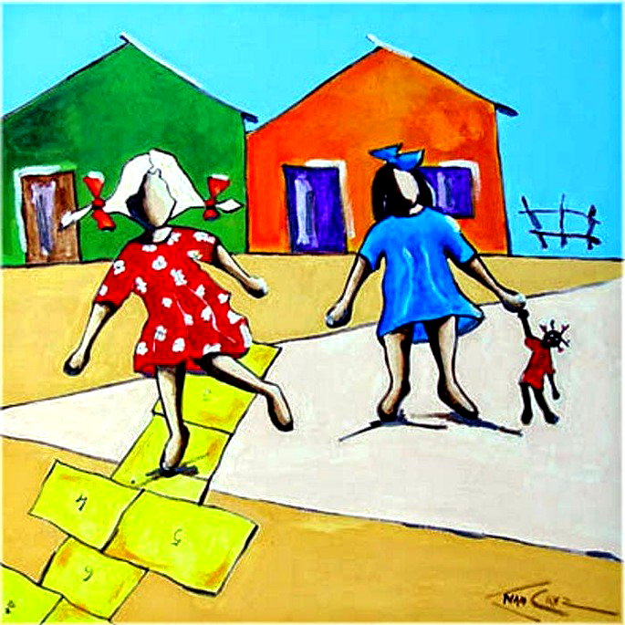 meninas brincando de amarelinha e boneca, obra de Ivan Cruz