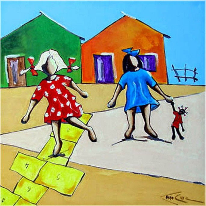 meninas brincando de amarelinha e boneca, obra de Ivan Cruz