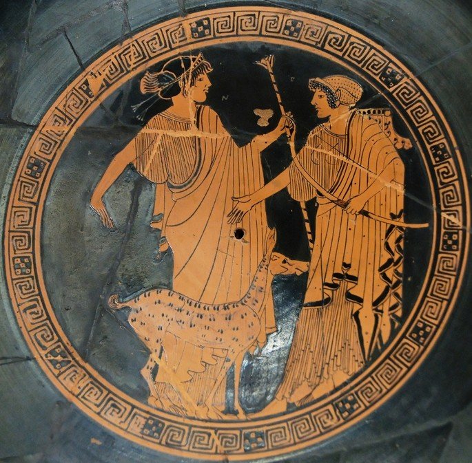 Pintura grega representando Apolo e Ártemis