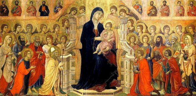 pintura medieval exibindo menino jesus sentado no colo de Maria ao redor de muitas pessoas