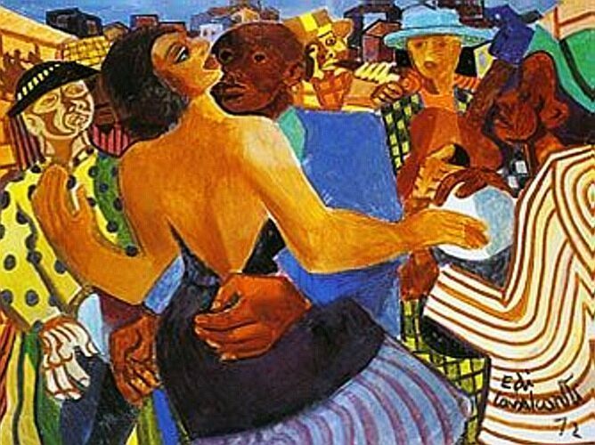 quadro Baile Popular, de Di Cavalcanti com pessoas dançando em cena colorida