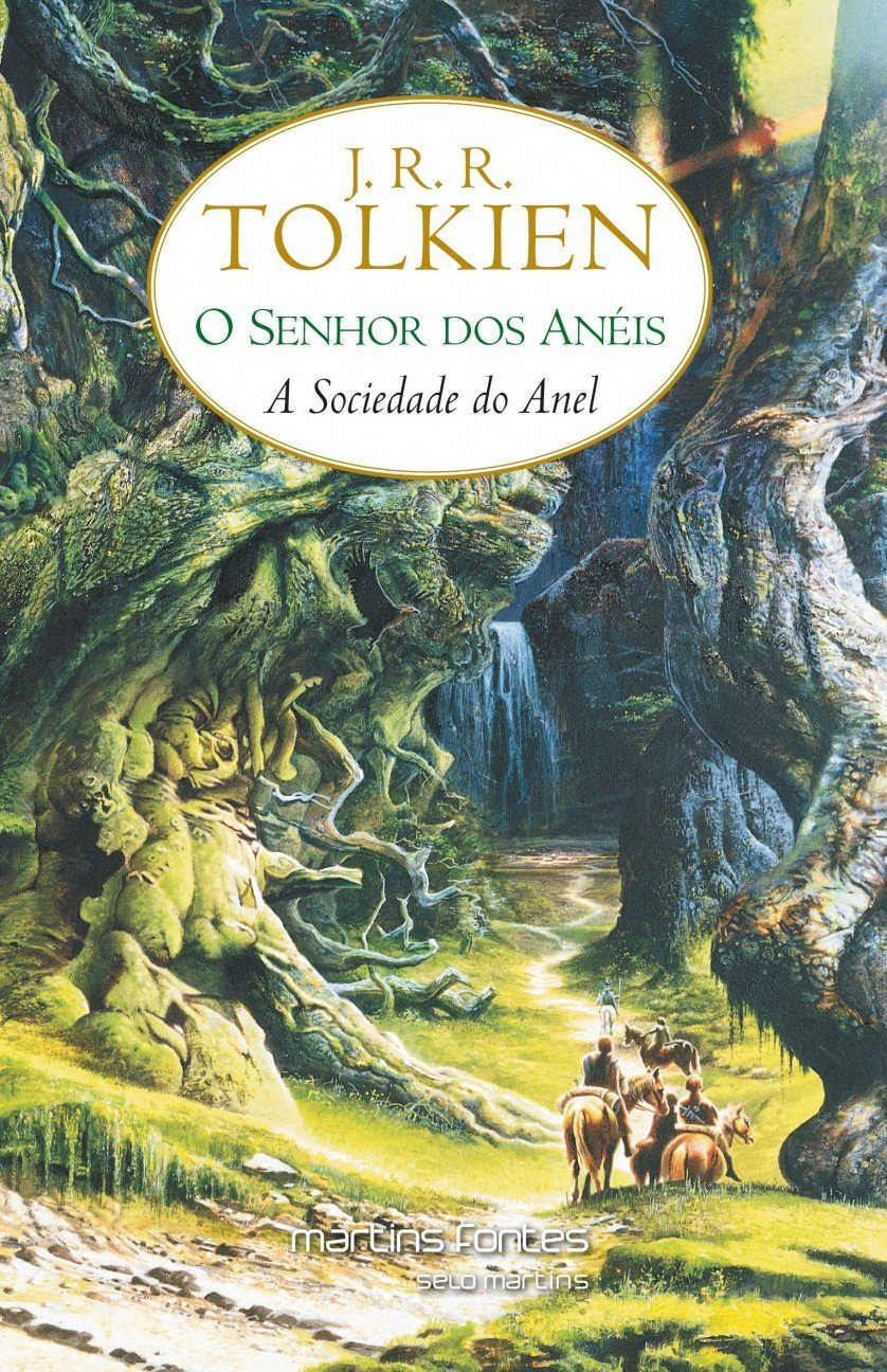 Capa de um dos livros de O Senhor dos Aneis, estilo pintura, de uma floresta