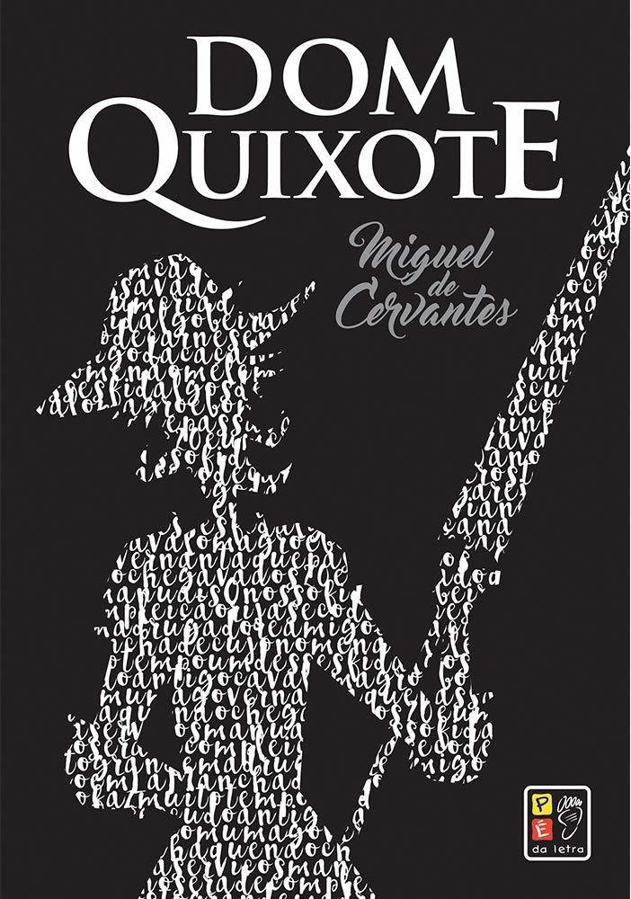Capa preta do livro Dom Quixite, com a sombra do personagem feita em palavras brancas