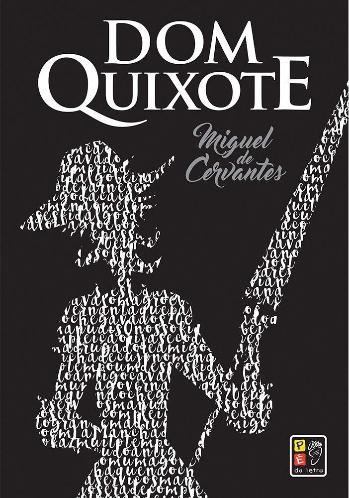 Capa preta do livro Dom Quixite, com a sombra do personagem feita em palavras brancas