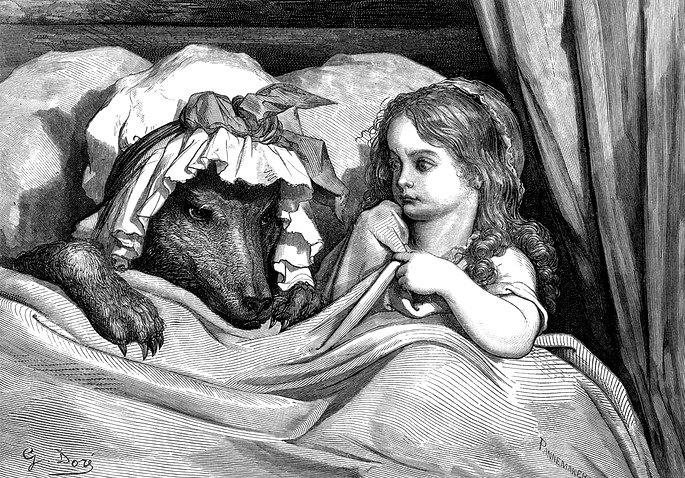 ilustração de Chapeuzinho deitada na cama com o lobo vestido de vovozinha