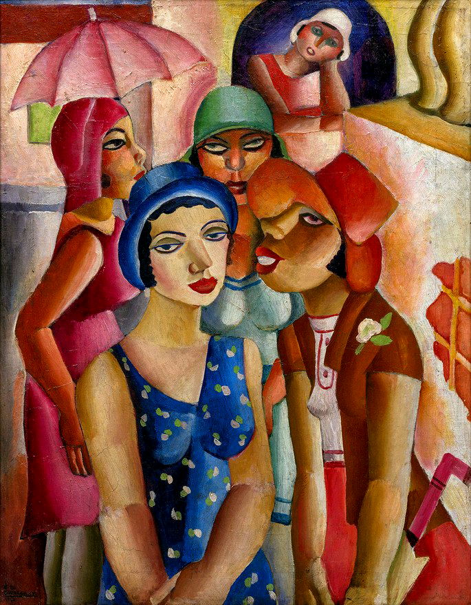 Quadro Cinco moças de Guaratinguetá (1930), de Di Cavalcanti com moças de chapéus em cores vibrantes