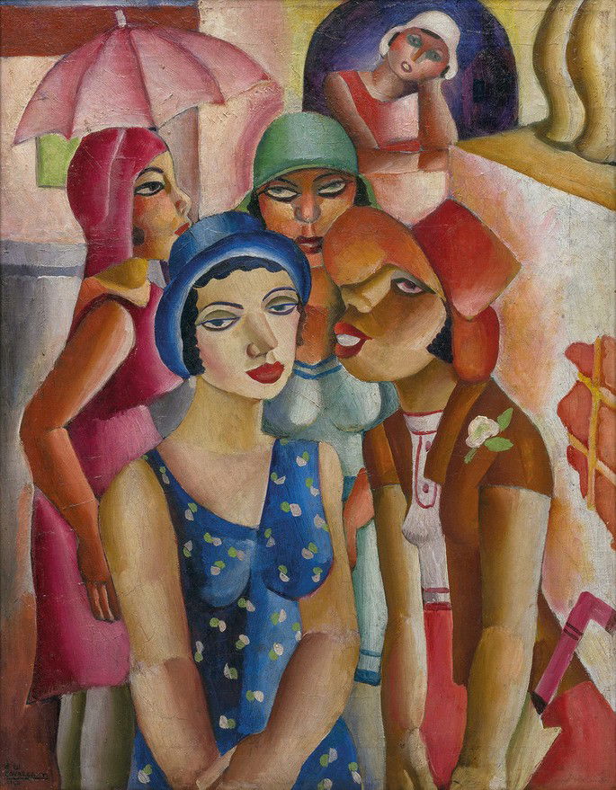 Quadro Cinco moças de Guaratinguetá (1930), de Di Cavalcanti com moças de chapéus em cores vibrantes