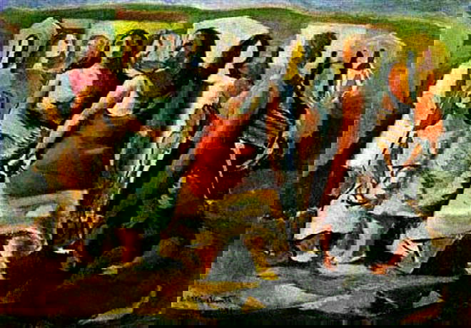 Quadro Mulheres Protestando, Di Cavalcanti, exibe grupo de mulheres em paisagem do campo