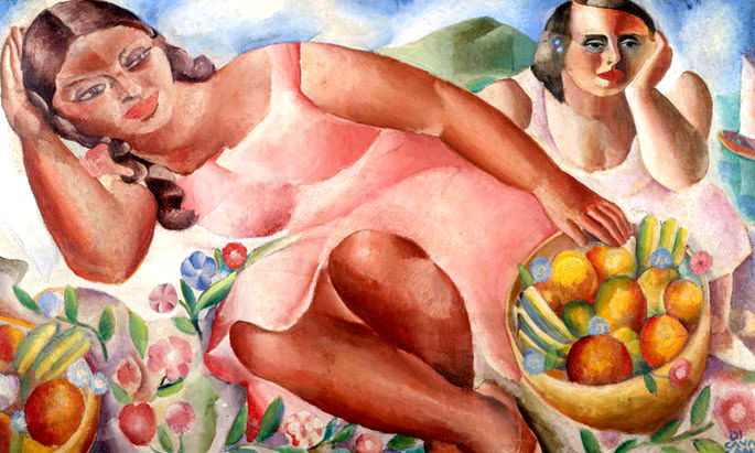 Quadro Mulheres com frutas, de Di Cavalcanti exibe mulheres deitadas com frutas ao redor em tons de rosa
