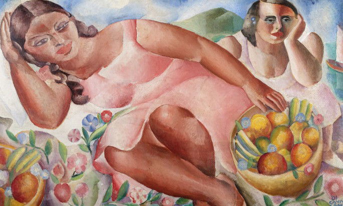 Quadro Mulheres com frutas, de Di Cavalcanti exibe mulheres deitadas com frutas ao redor em tons de rosa