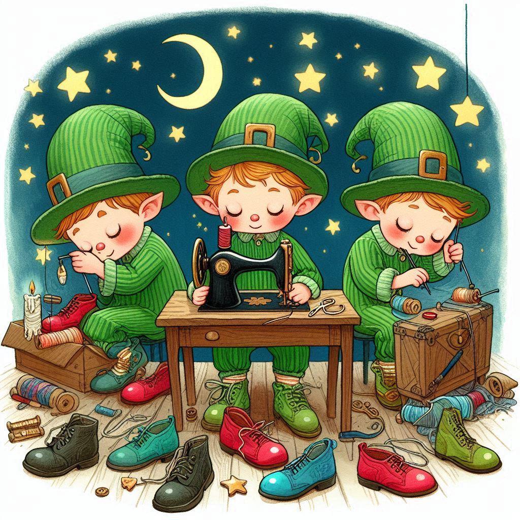Duendes costurando sapatos.