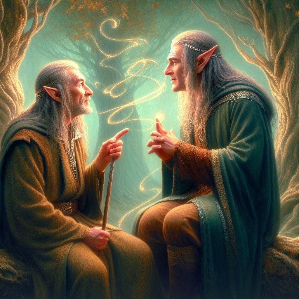 Dois elfos conversam amigavelmente sentados numa pedra