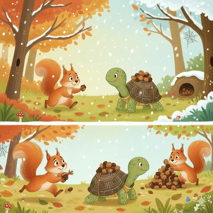 Ilustração esquilo e tartaruga catando nozes