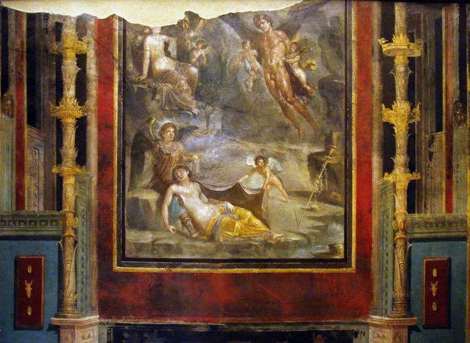 pintura romana no estilo intricado exibe painel com paisagens