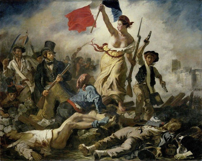 quadro A liberdade guiando o povo, de Delacroix, retrata cena de batalha com mulher segurando bandeira da França