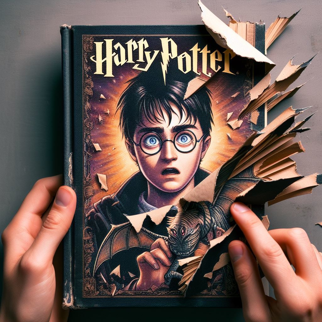 Livro de Harry Potter rasgado com uma mão sobre a capa