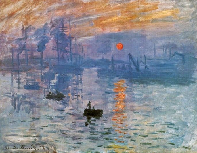 Quadro de Monet retratando um barco no mar em paisagem nublada e sol nascendo