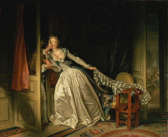 Jean-Honoré Fragonard: The Stolen Kiss, 1788, óleo sobre tela, 45 × 55 cm, Museu Hermitage, São Petersburgo.