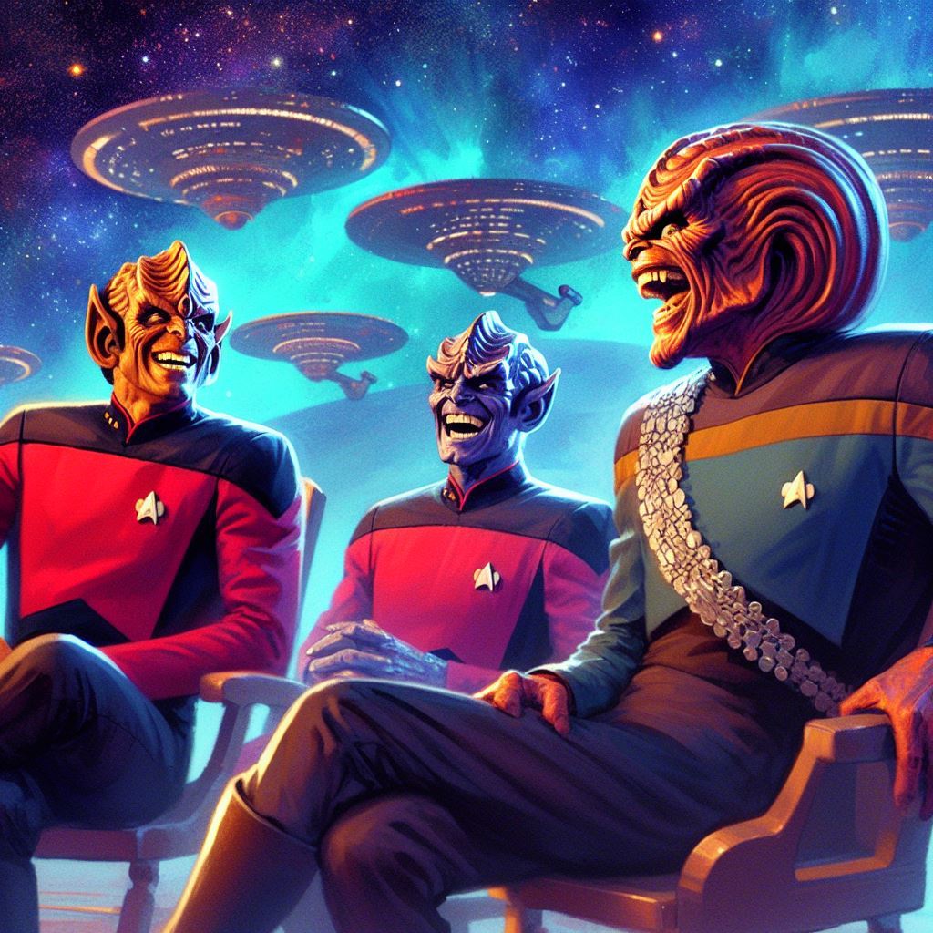 Três klingons sentados riem enquanto conversam vestindp uniformes