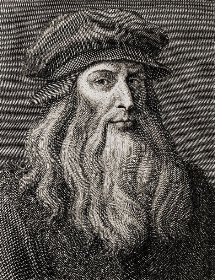 retrato de Leonardo da Vinci exibe homem de perfil com barba longa e boina