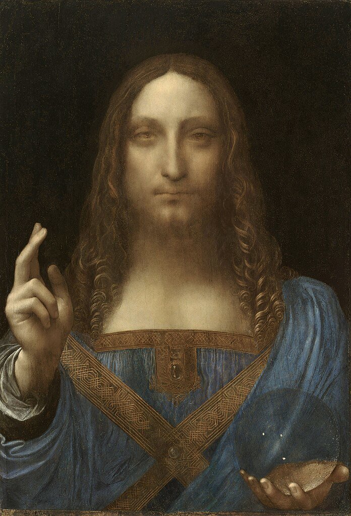 Pintura de Jesus com uma das mãos estirada, de roupa azul