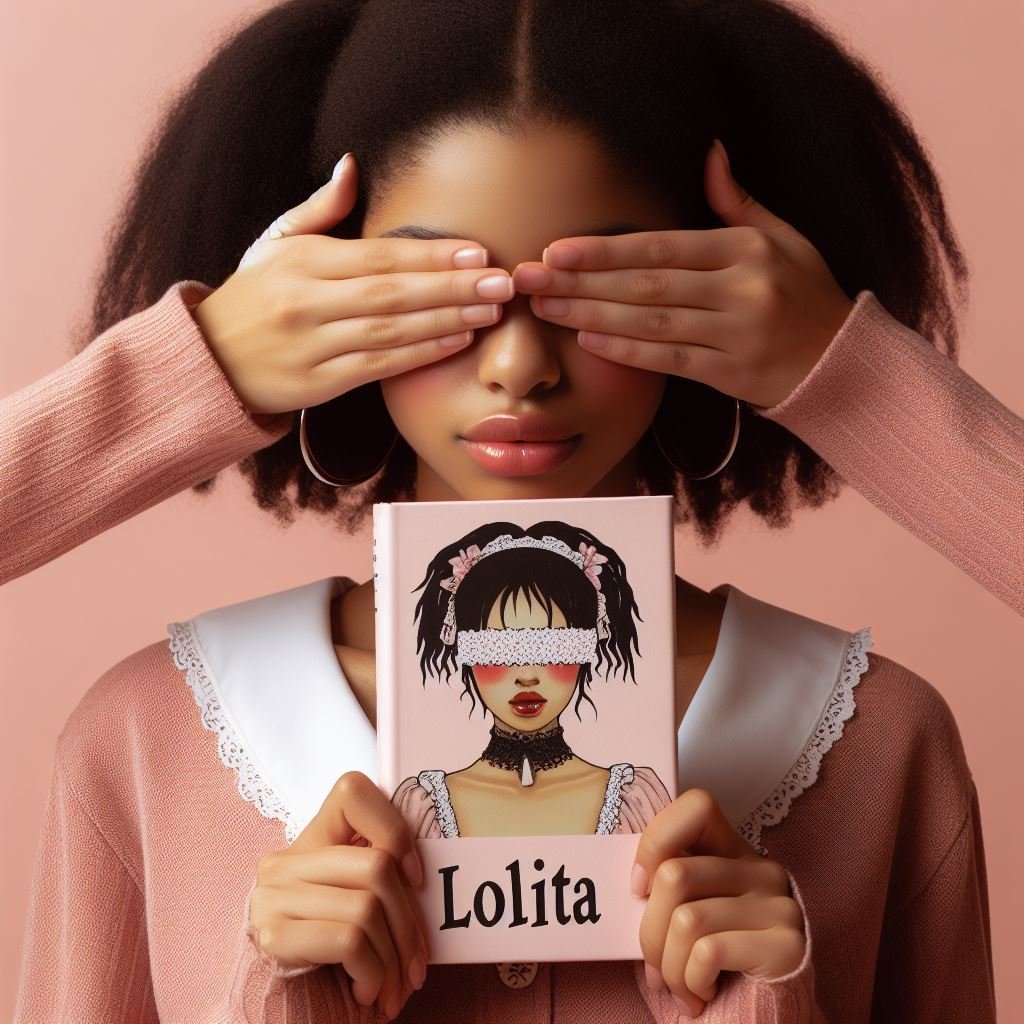 Menina vestida de rosa segura o livro Lolita enquanto tem os olhos cobertos