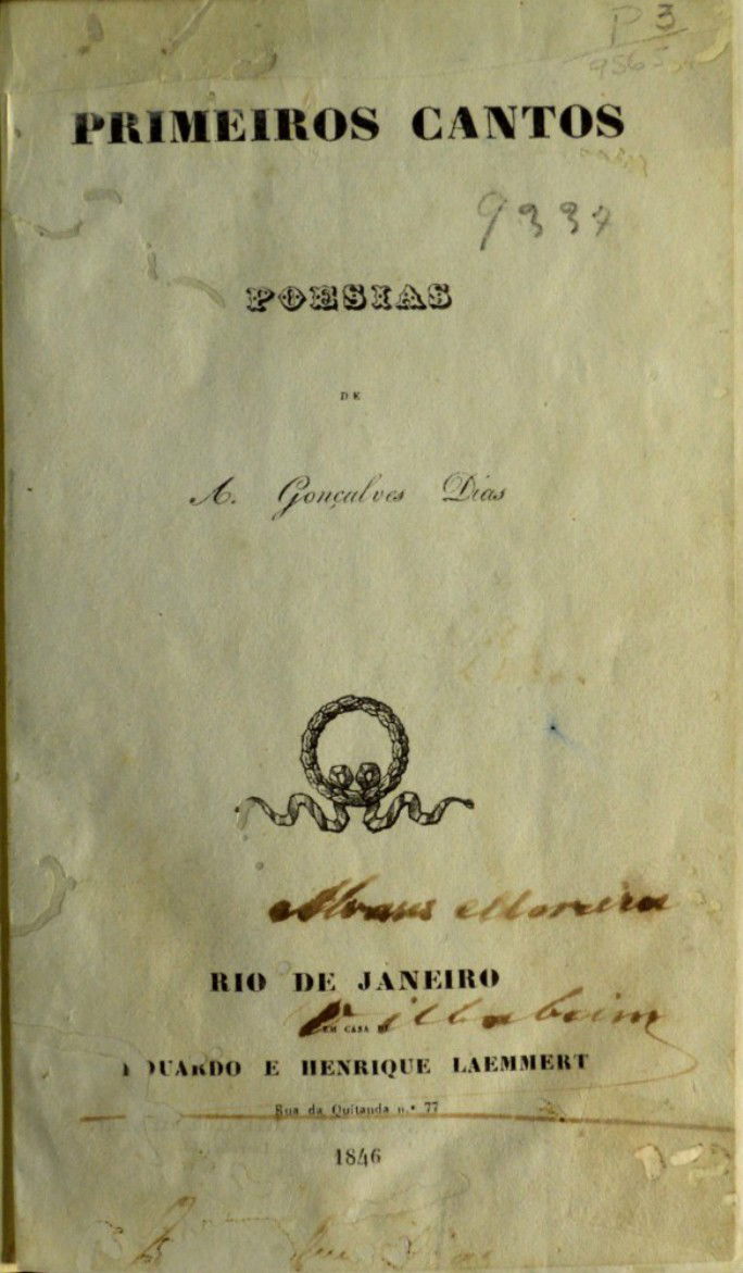 Capa da primeira edição do livro Primeiros cantos, de Gonçalves Dias, lançado em 1846.