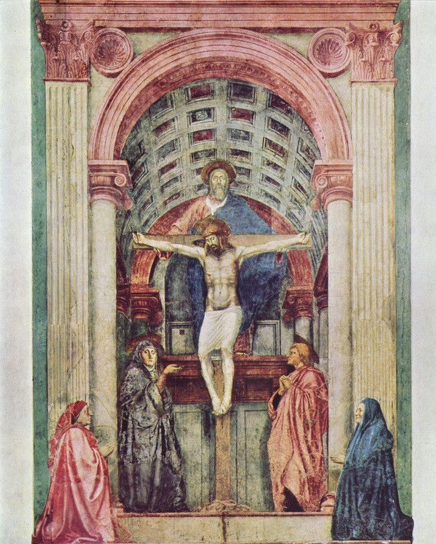 Santíssima Trindade - afresco, 667 cm x317 cm - Masaccio, Santa Maria Novella, Florença