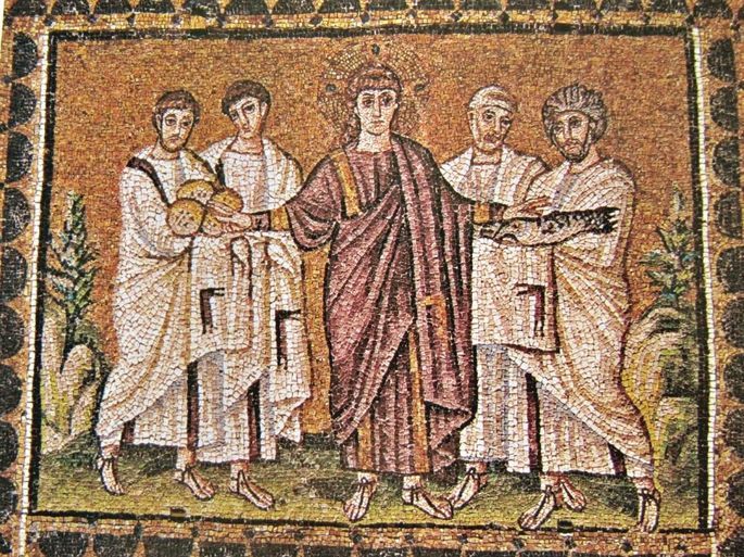 mosaico bizantino exibindo jesus distribuindo pães a outros homens