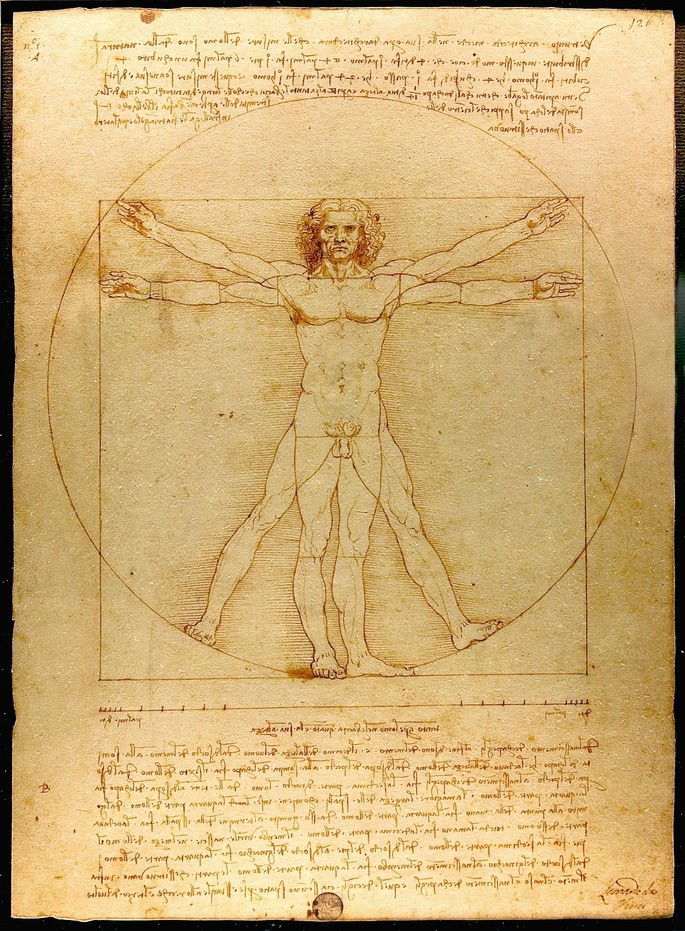 O homem vitruviano, de da Vinci, representa um homem nu de braços abertos dentro de um quadrado e um círculo