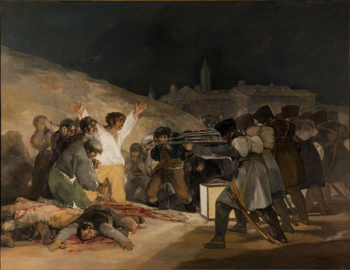 quadro de Goya retratando um fuzilamento em que um homem vestido de branco está com os braços abertos esperando ser assassinado