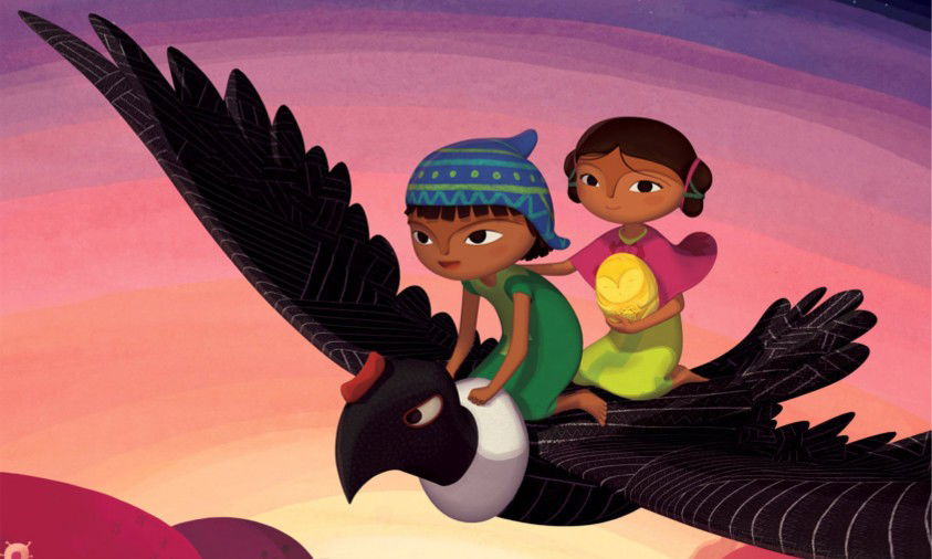 Cena da animação Pachamama mostra um garoto e uma garota voando em cima de uma ave