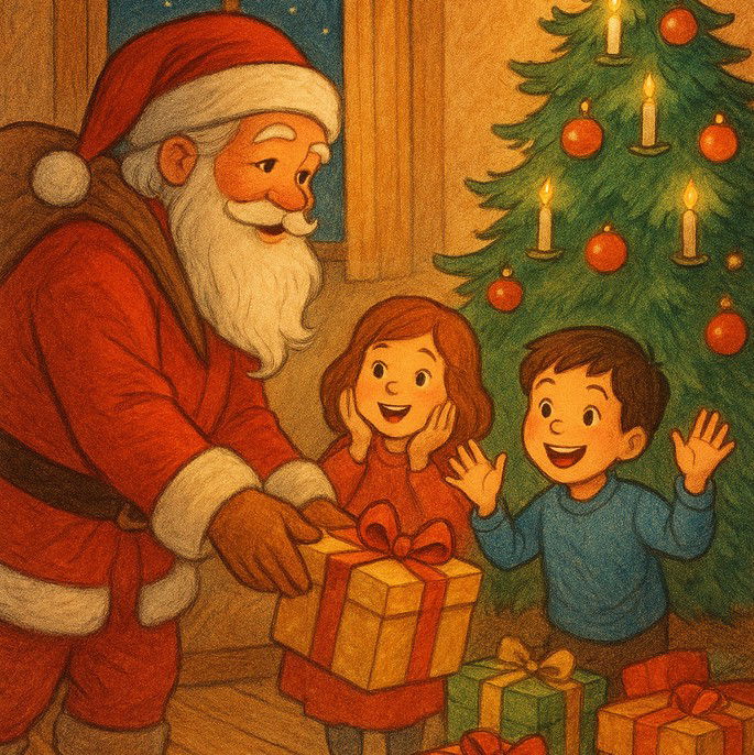 Senhor de gorro e roupas vermelhas entrega presentes a duas crianças em frente a uma árvore de natal