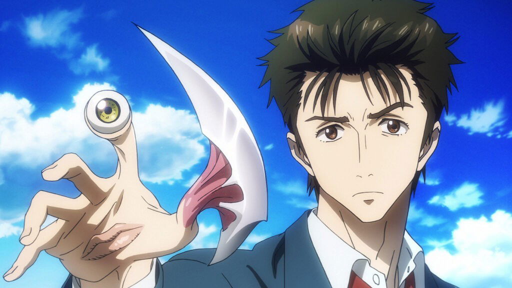Imagem do anime Parasyte, mostrando o protagonista e seu parasita alojado na mão.